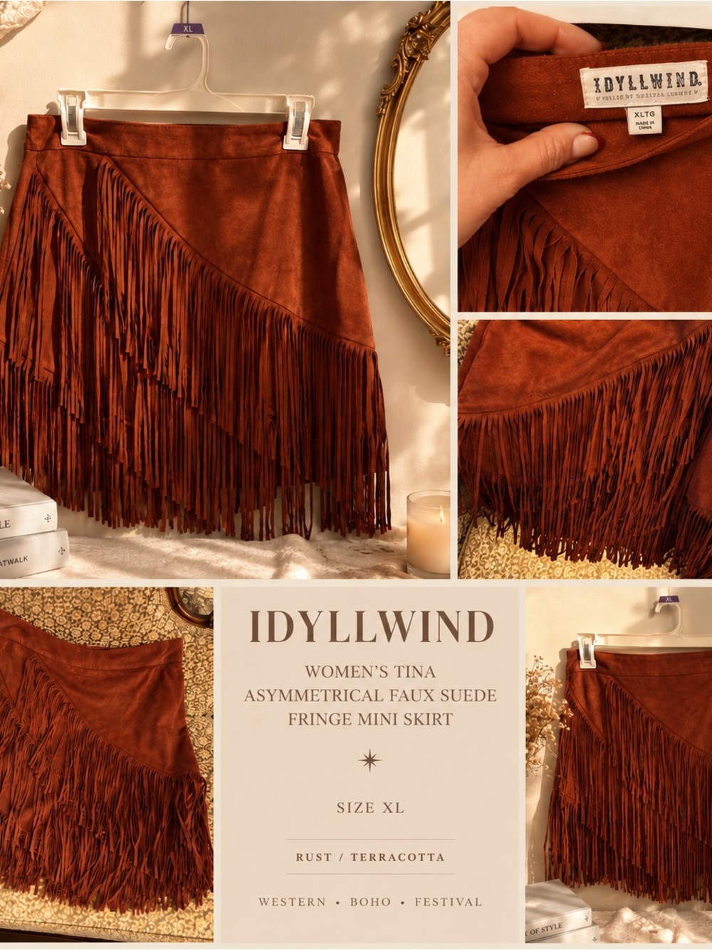 Idyllwind Rust Asymmetrical Faux Suede Fringe Mini Skirt